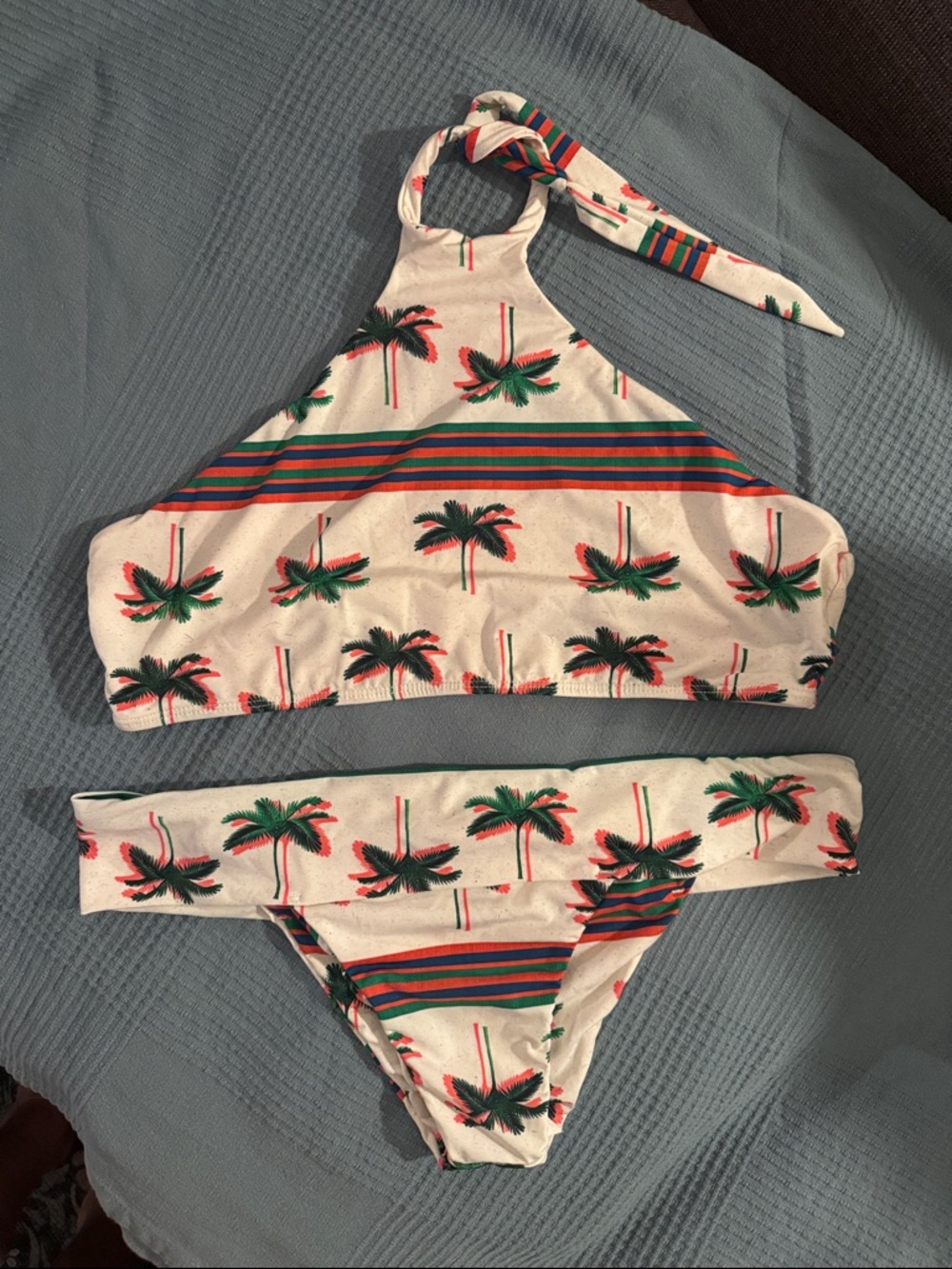 Bromelia Palm Tree Print High Neck Bikini - White w/ Green & Coral - Size Large